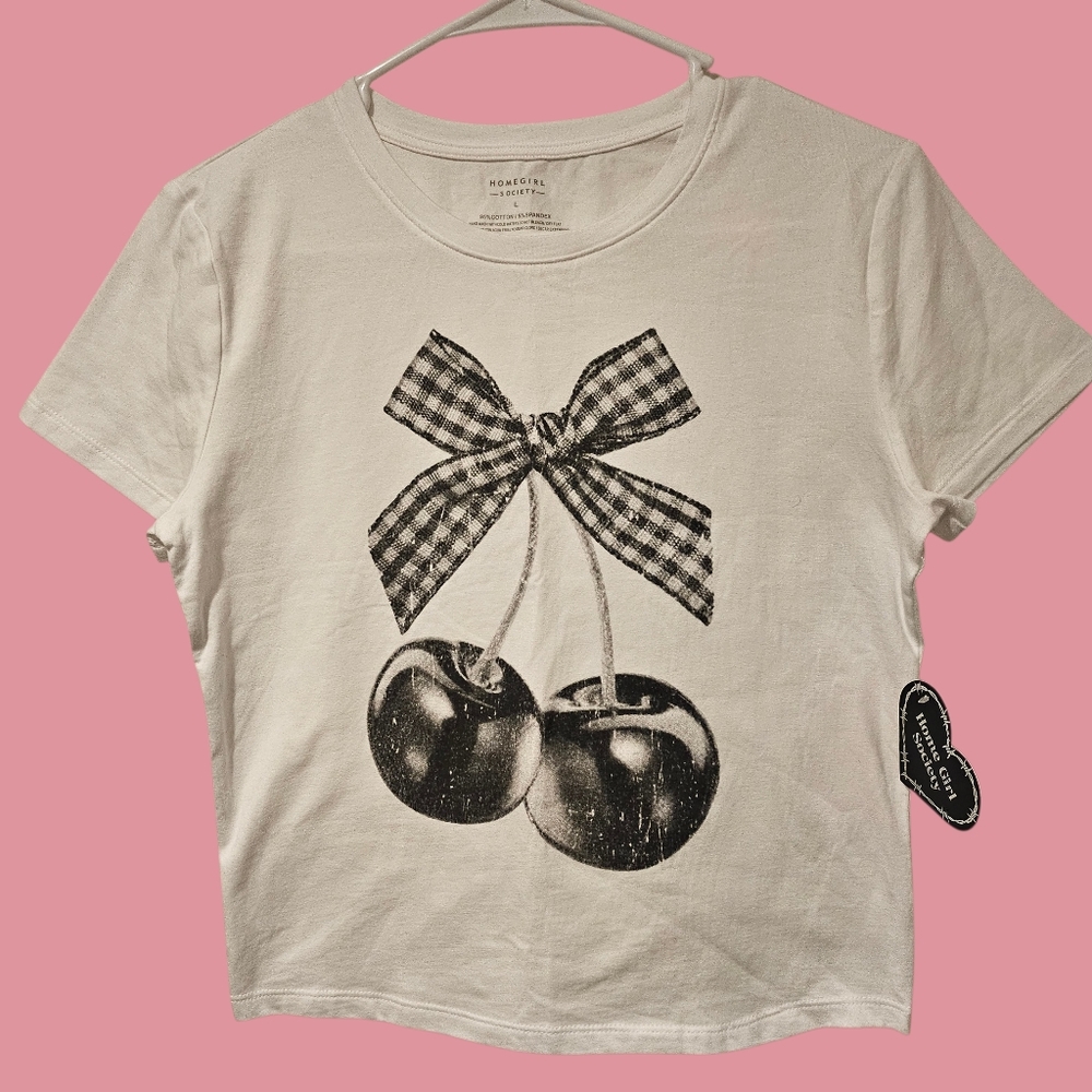 Homegirl Society White T-Shirt with Cherry and Bow Design Size L NWT